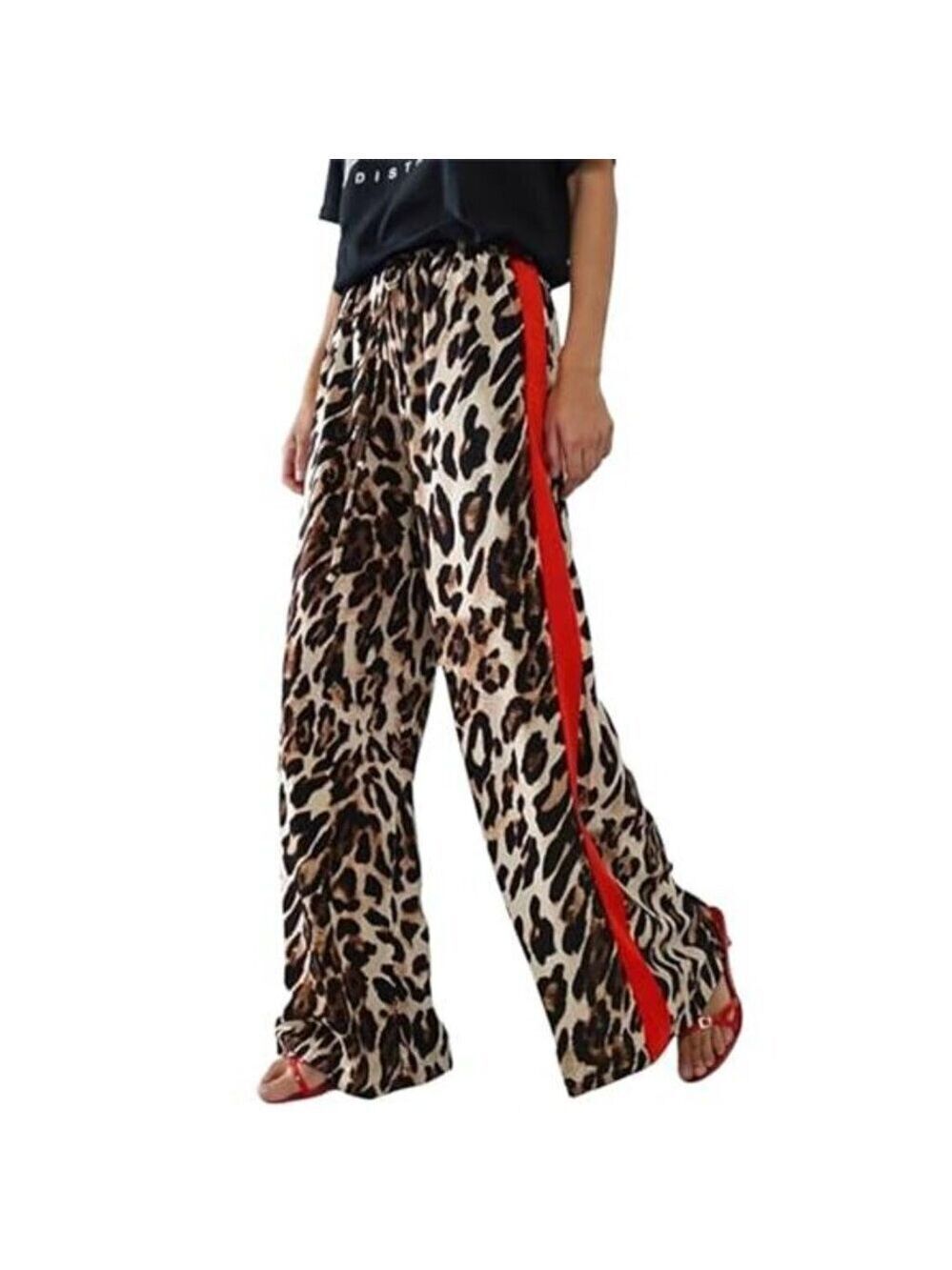 Women's Leopard Wide Leg Pants Casual Side Striped High Waisted Palazzo
